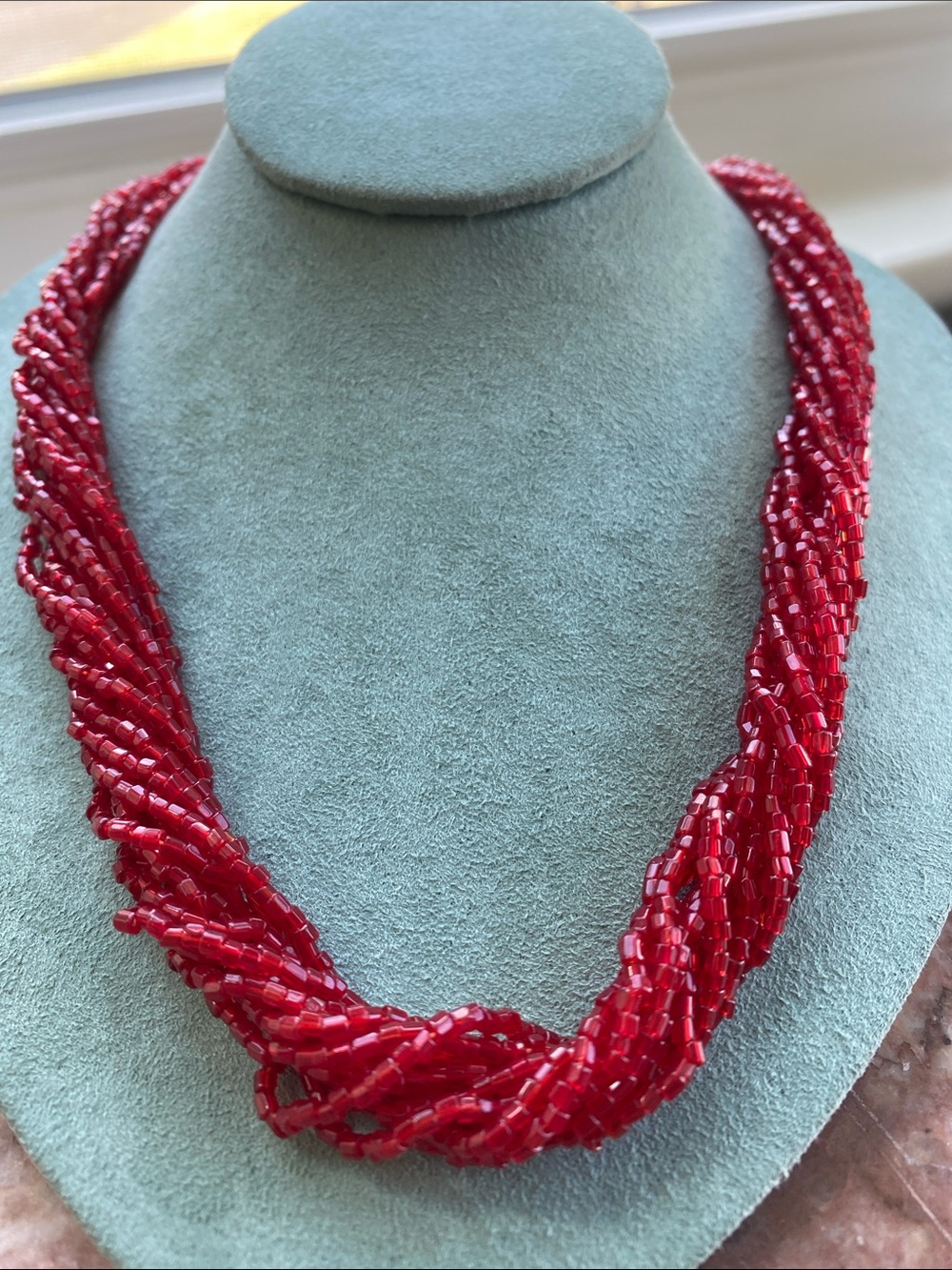 Vintage Multi-Strand Red Seed Bead Twisted Necklace - Ornate Gold Tone Filigree